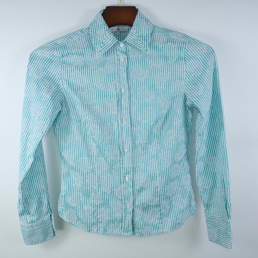 Robert Talbott Womens Button Up Teal Green White Striped Blouse Size 2